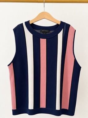 Ann Taylor Navy Knit Top with Pink and White Vertical Stripes Size Large
